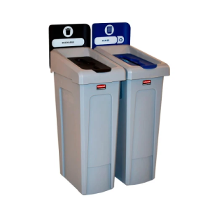 Station de recyclage Slim Jim 2 flux couvercle fermé noir et couvercle papier bleu