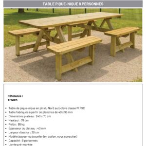 Table pique nique 8 places avec trou parasol TPN8PL buffhyeres collectivites